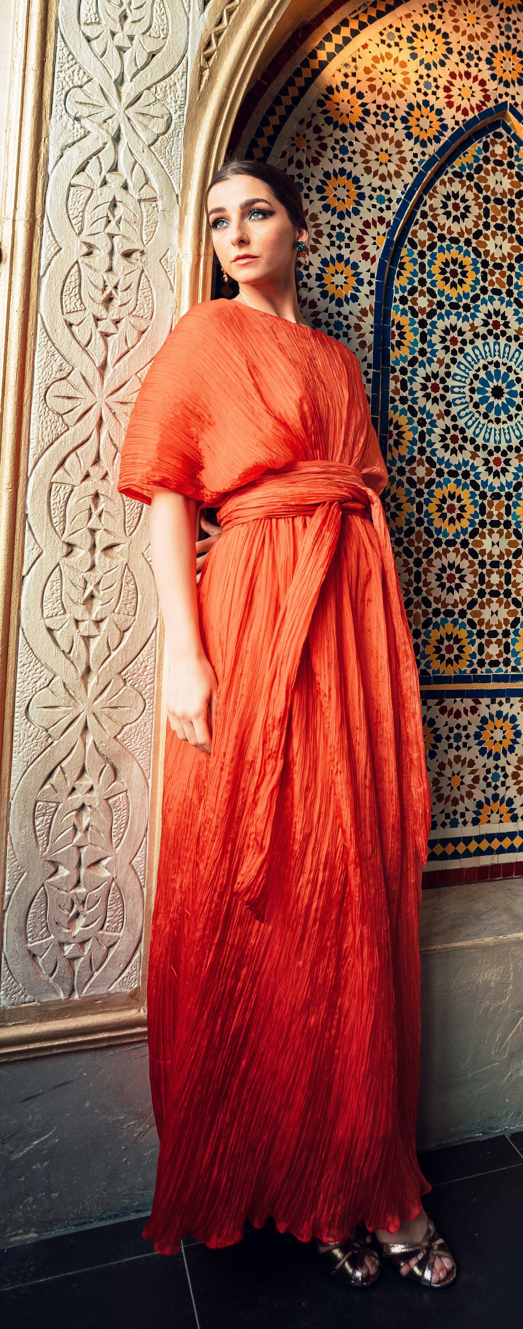 Orange Crinkled Ombre Belted Kaftan