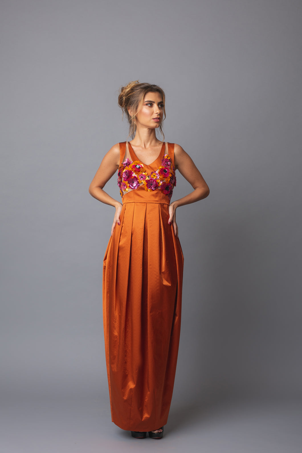 Pleated Embellished Silk Gown