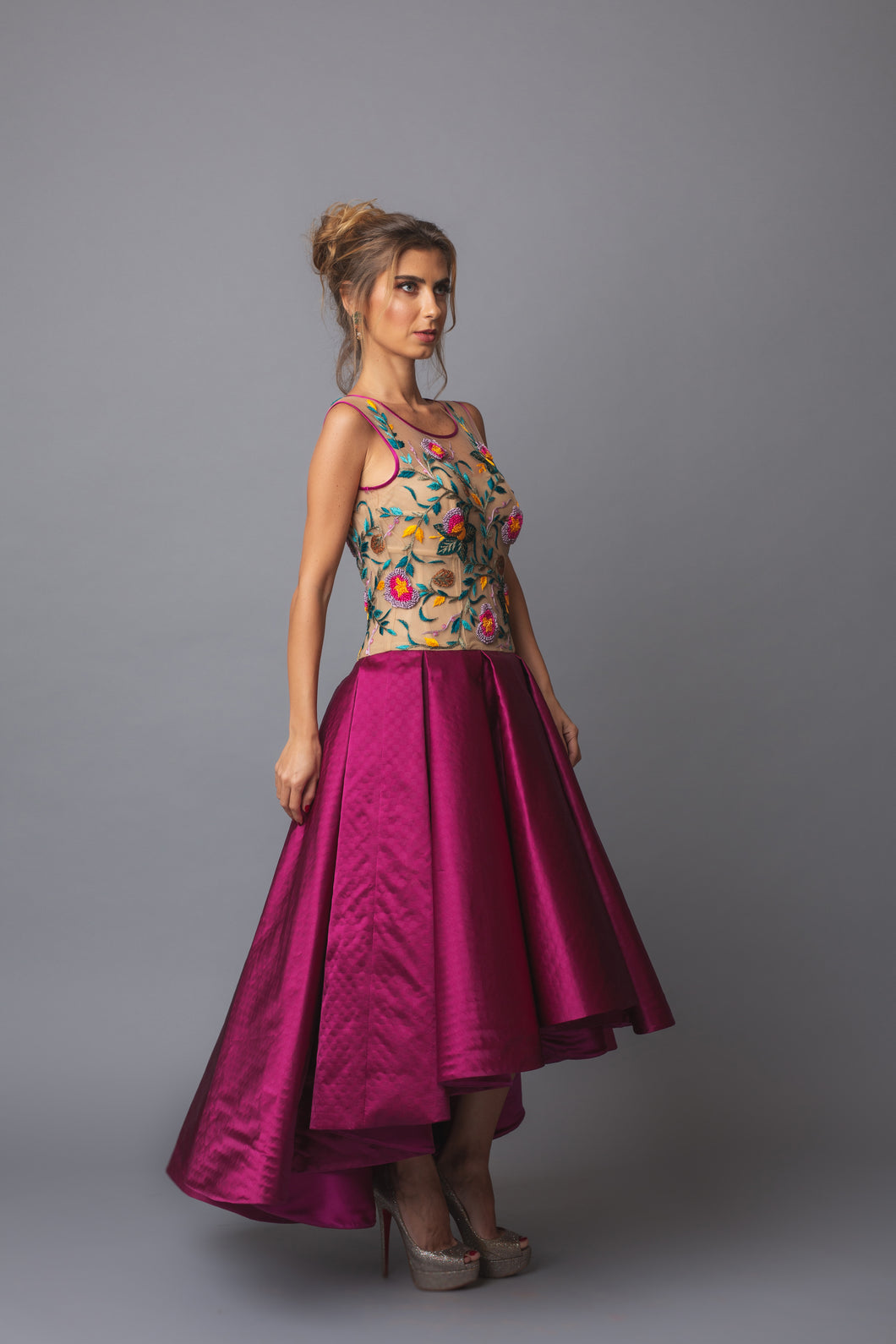 Embroidered Pleated Gown